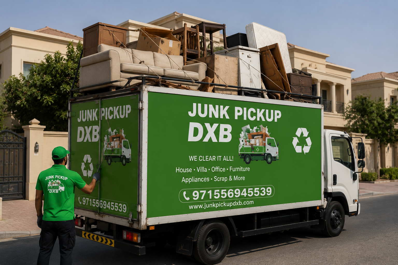 Professional sorting and junk removal team preparing furniture haulage in Dubai
